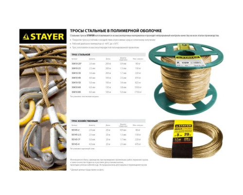 Хозяйственный стальной трос STAYER 20 м в полимерной оболочке 50145-2