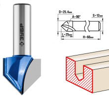 Фреза пазовая галтельная V-образная ПРОФЕССИНАЛ (25.4х25х60 мм; 90 градусов; хвостовик 12 мм) Зубр 28752-25.4