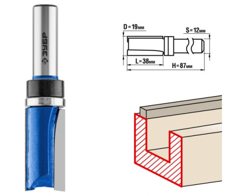 Фреза пазовая прямая с верхним подшипником ПРОФЕССИОНАЛ (19х38х86 мм; хвостовик 12 мм) Зубр 28756-19-38-12