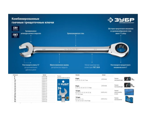 Комбинированный гаечный трещоточный ключ Зубр ПРОФИ 27074-27
