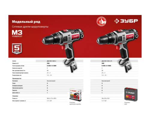 Сетевая дрель-шуруповерт ЗУБР ДШ-М3-500-2
