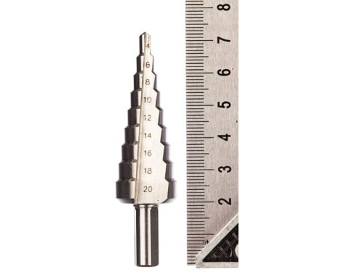 Сверло МАСТЕР ступенчатое по сталям и цветным металлам (4-20 мм; 9 ступеней; L75 мм; 3-х гран.хв. 8 мм) Зубр 29665-4-20-9